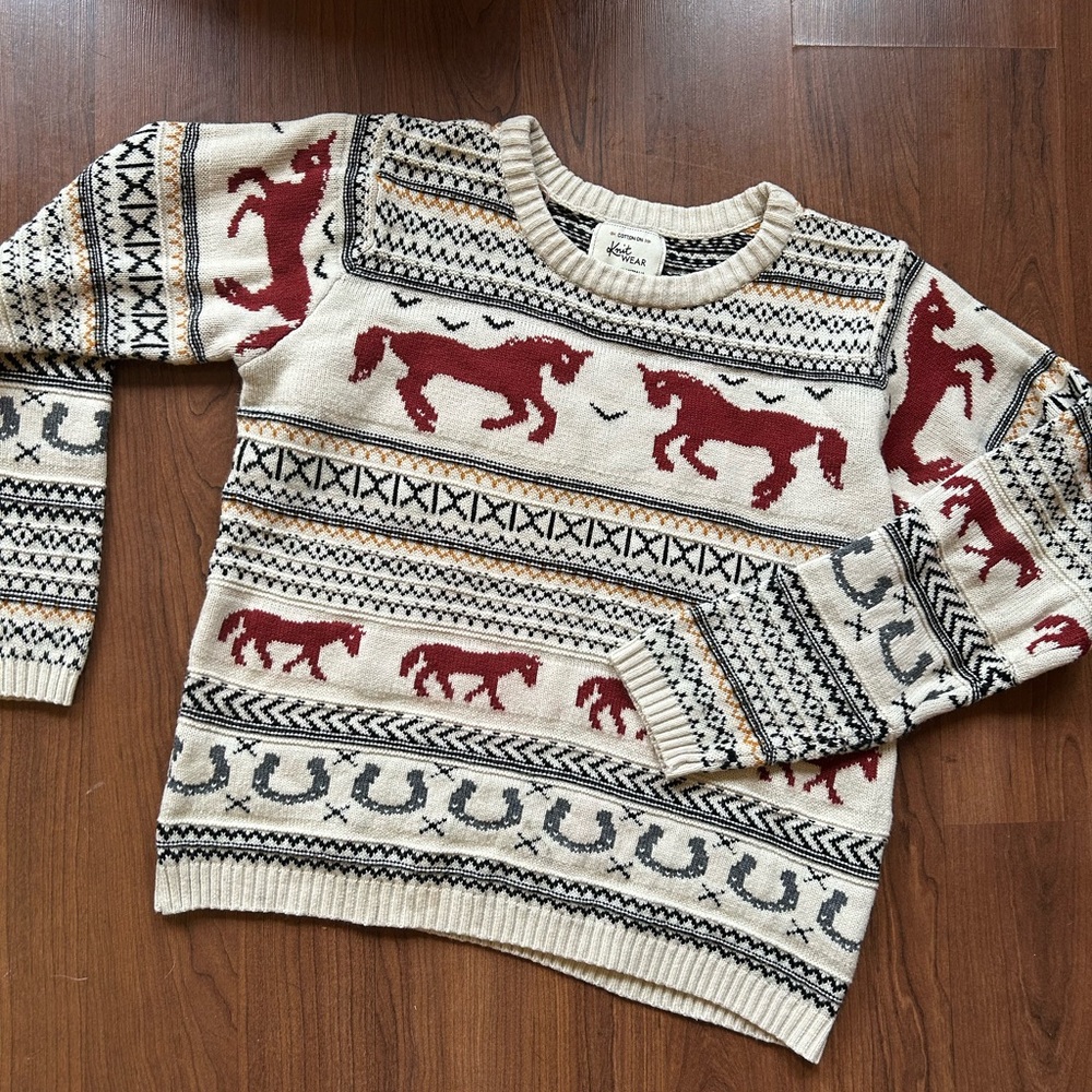 Cotton On Knit Wear Horse Patterned Sweater in Cream and Red